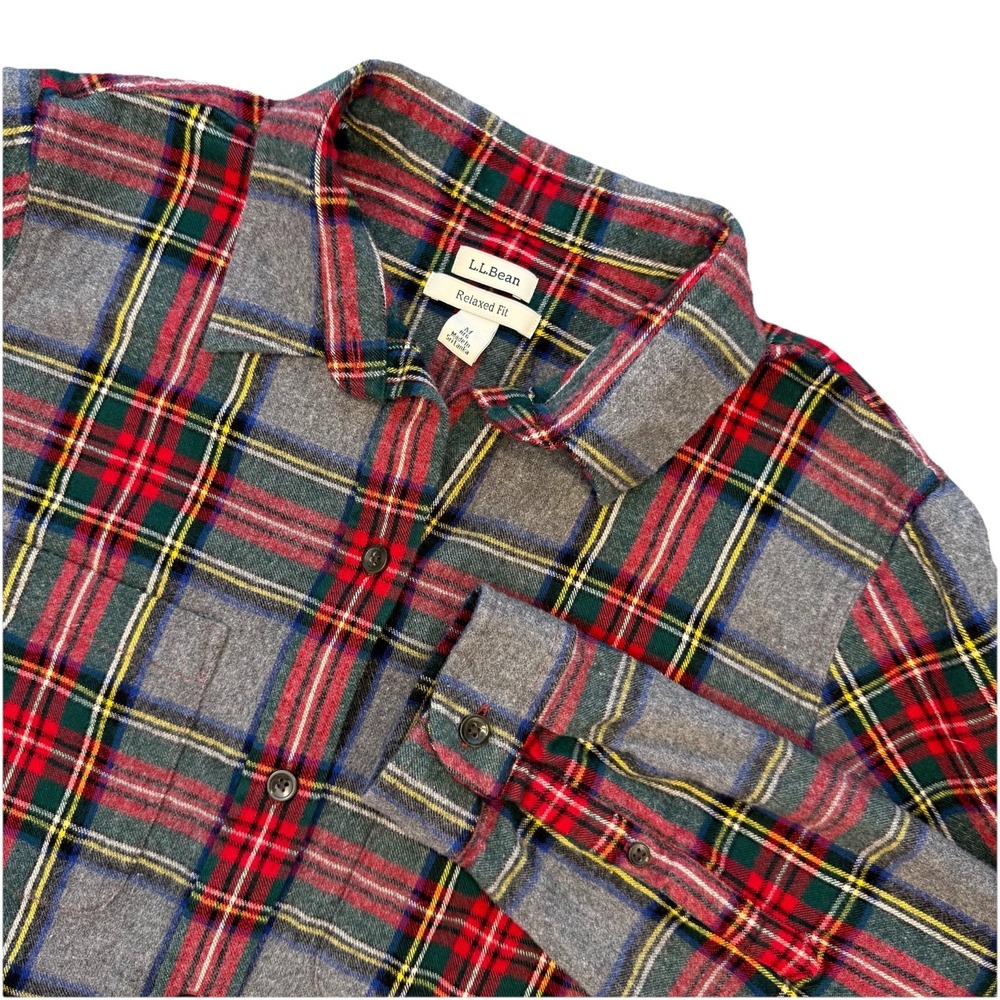 LL Bean Womens M Cotton Flannel Shirt Grey Scotch Plaid Tartan Long Sleeve Comfy